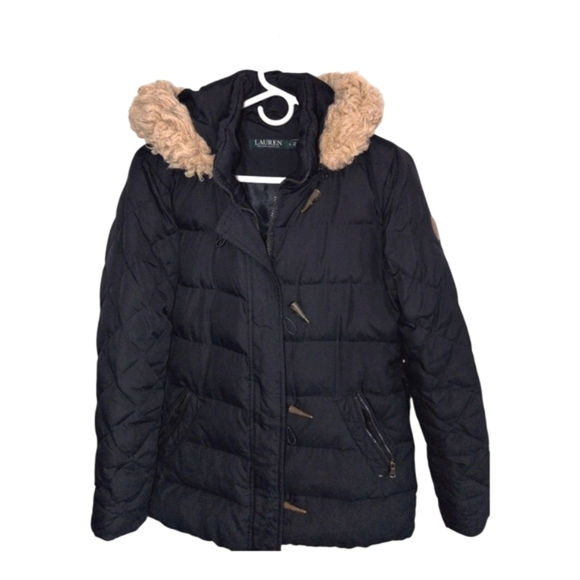 Lauren Ralph Lauren Black Puffer Coat with Faux Fur Hood - Picture 2 of 4